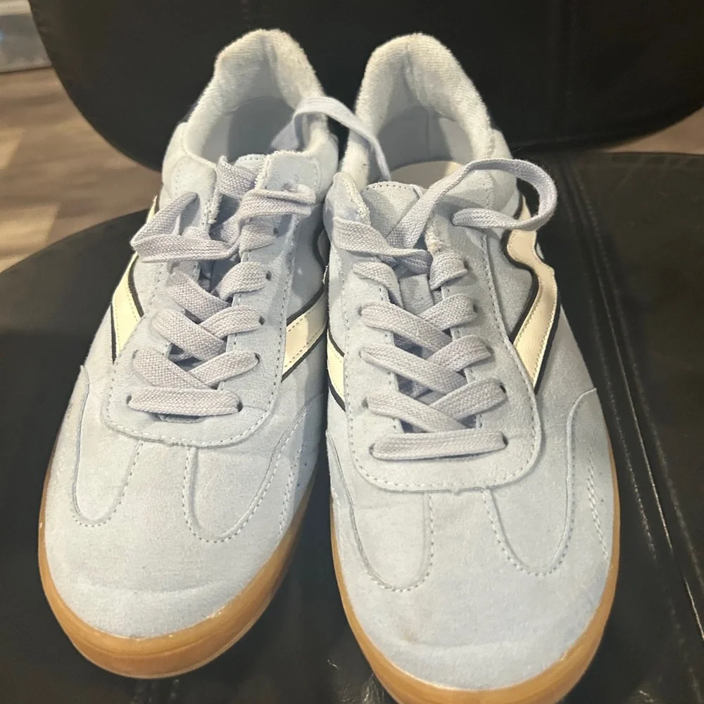 Madden Girl Light Blue Suede Sneakers with Cream Stripe and Gum Sole - Picture 3 of 12